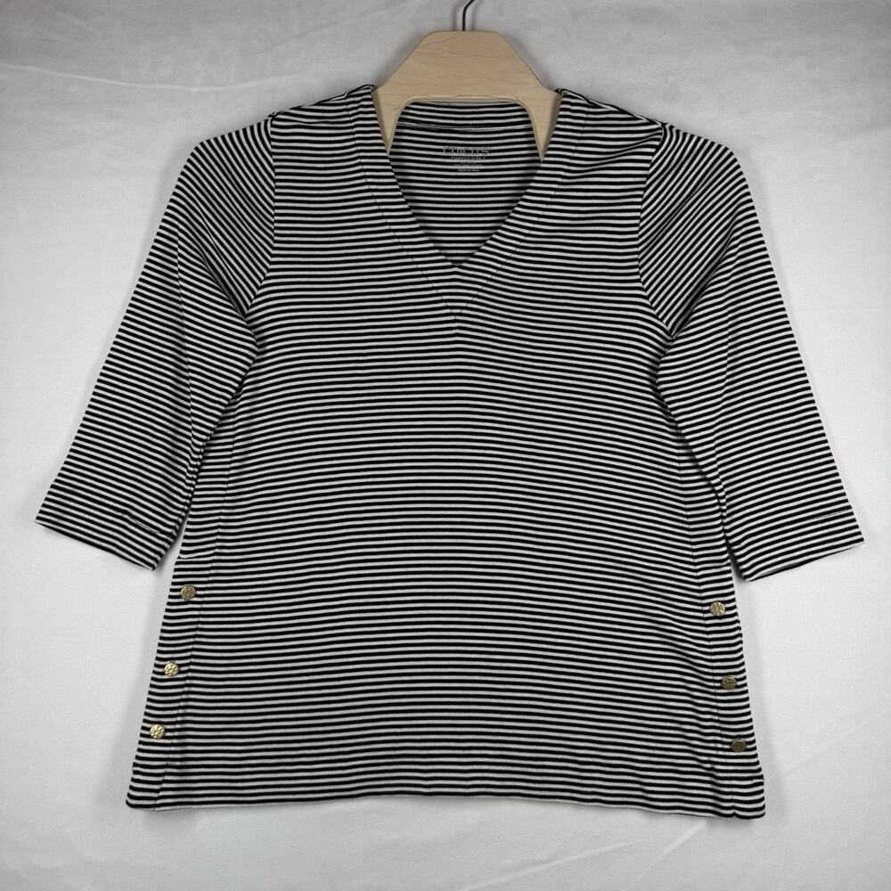 Chico’s Size 2 L Black White Striped Pima Cotton V Neck Button Detail Top